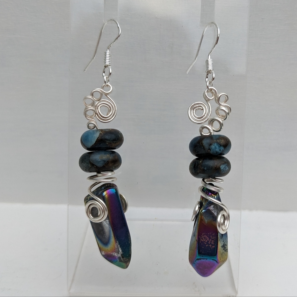 Quartz Crystals & Impression Jasper Silver Earrings Handmade Artisan Wrapped - Picture 4 of 10